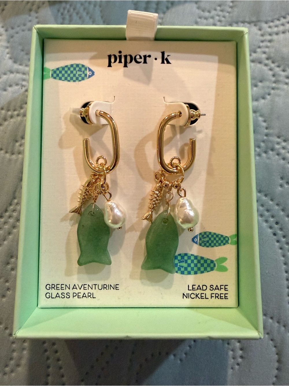 Piper K Green Aventurine Fish Drop Earrings Glass Pearl Gold Tone Charms